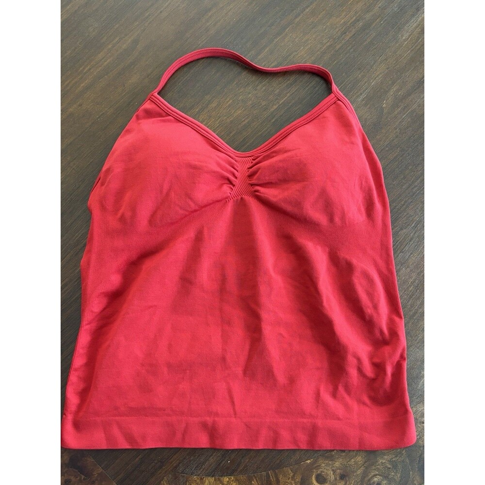 Red Ribbed Strappy Gym Top w Built in Bra Tank and Ruched Detailing Size Small